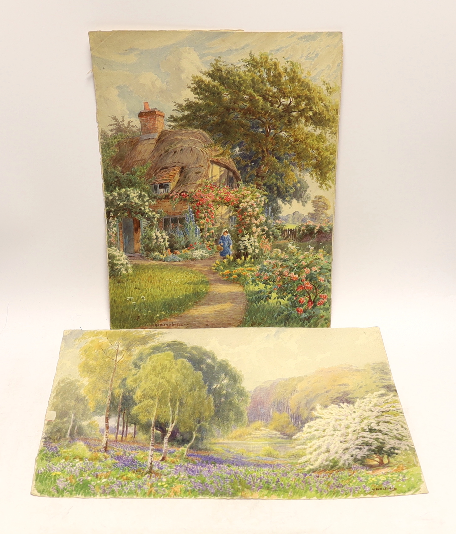 Howard Walford (1864-1950) two watercolours on card, ‘Cottage garden’ & ‘The Bluebell Valley’, each signed, largest 38 x 27cm, unframed